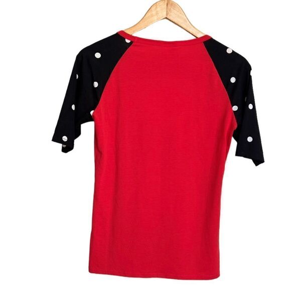 LuLaRoe Randy Tee Red with Black Sleeves and White Polka Dots Size Small - Picture 3 of 4